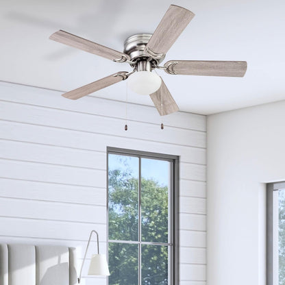 Alvina Traditional 44 Inch Ceiling Fan with Light, LED Flush Mount Ceiling Fan, Indoor Fan with 5 Blades, Gray Oak and Brown Walnut Blade Finish Options, Satin Nickel (51585-01)